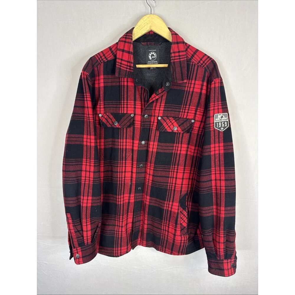 Ski-Doo BRP Flannel Jacket Mens L Red Black Plaid Snap Fleece Lined Read